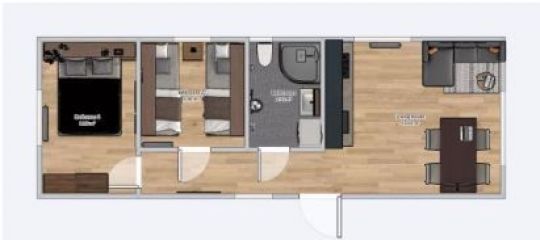 Husplan 3,5m x 10m med möbler - Vardagsrum med kök, badrum, 2 sovrum